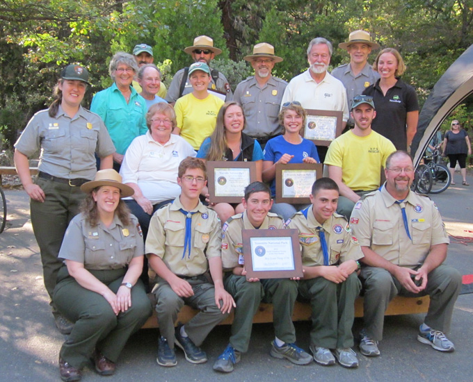 Group photo of the Yosemite National Park volunteer award recipients with park leadership at the award ceremony on National Public Lands Day, Saturday, September 26, 2015.