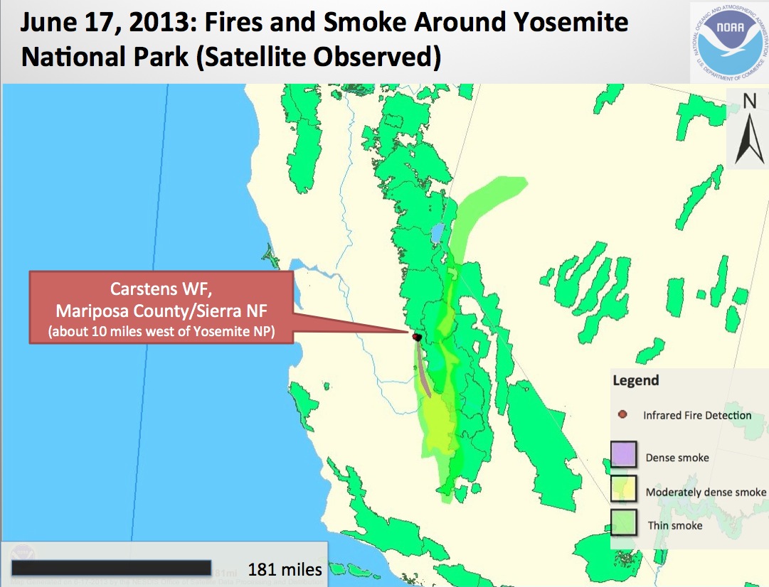 A fast moving fire, the Carstens wildfire, that started 10 miles outside of Yosemite is putting heavy smoke aloft above the park, and is now affecting a larger regional area.