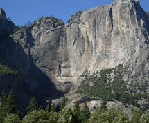Dry cliff with visible streak where Yosemite Falls should run
