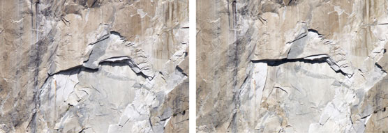 Close-up of El Capitan comparison photos where white areas show where rock fall has occurred