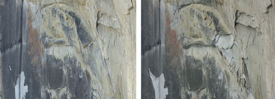 Comparison of Half Dome close-ups with white spots showing where rock fall has occurred