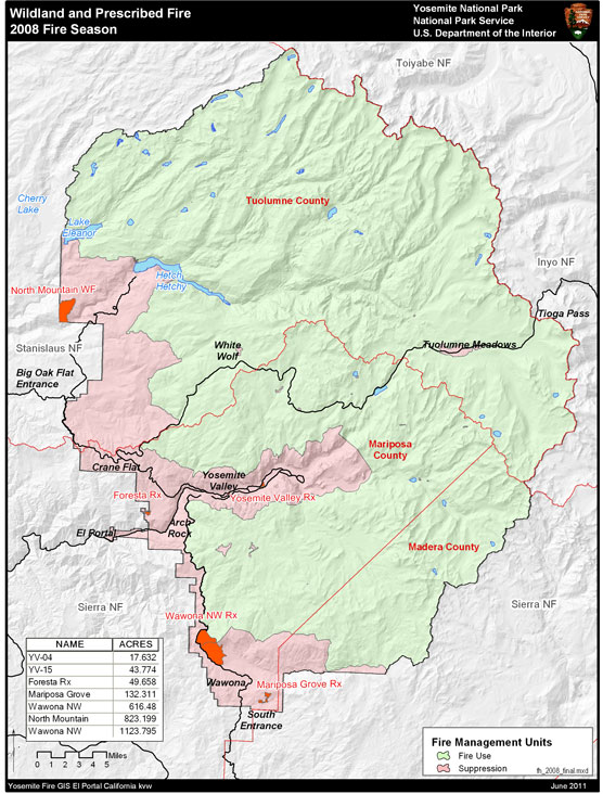 Yosemite boundary map with major fires marked on map