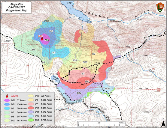 Rainbow colors show progression of fire on Yosemite topo map