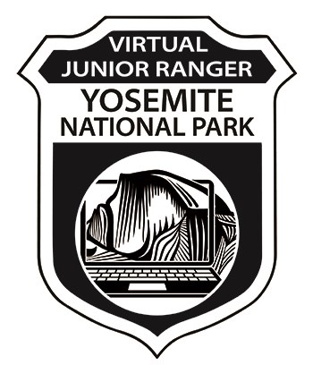 Image of Virtual Junior Ranger badge with Half Dome as if viewed through a computer screen.