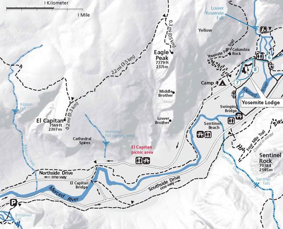 Map to Horsetail Falls, Yosemite NP