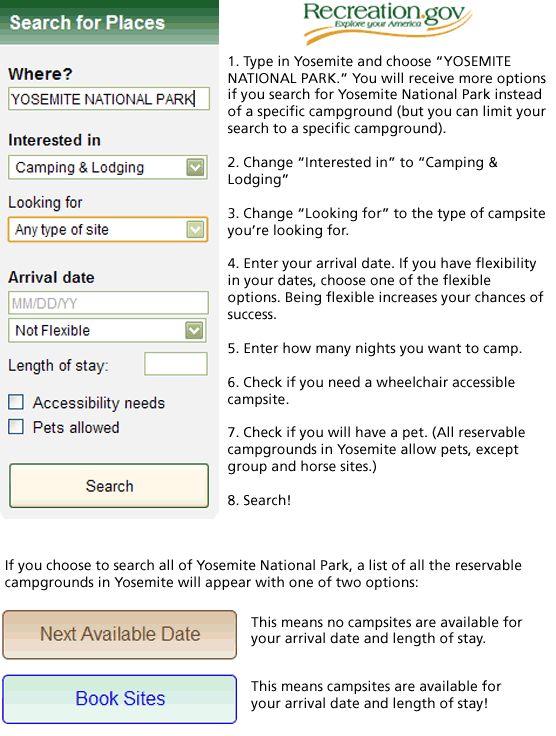 1. Type in Yosemite and choose “YOSEMITE  NATIONAL PARK.” You will receive more options if you search for Yosemite National Park instead of a specific campground (but you can limit your search to a specific campground).

2. Change “Interested in” to “Camping & Lodging”

3. Change “Looking for” to the type of campsite you’re looking for.

4. Enter your arrival date. If you have flexibility in your dates, choose one of the flexible options. Being flexible increases your chances of success.

5. Enter how many nights you want to camp.

6. Check if you need a wheelchair accessible campsite.

7. Check if you will have a pet. (All reservable campgrounds in Yosemite allow pets, except group and horse sites.)

8. Search!
