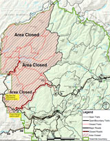 Map showing closed area, generally north of Tioga Road and west of Lukens Lake-Harden Lake-Pate Valley-Pacific Crest Trail (northern section)