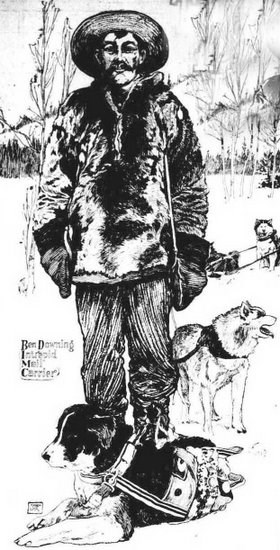 Drawing of Ben Downing and dogs from a Seattle Newspaper in 1903.