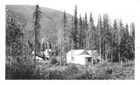 The newly constructed Coal Creek dredge and camp at Cheese Creek, ca. 1935.