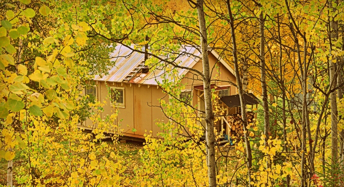 A public use cabin as viewed through the trees and fall colors