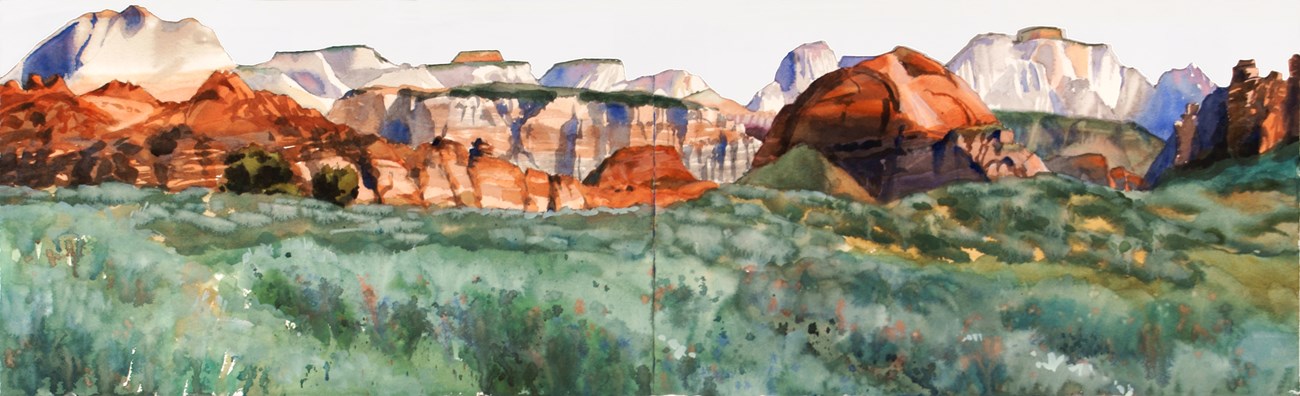 A watercolor landscape of sunset ranch near Zion National Park