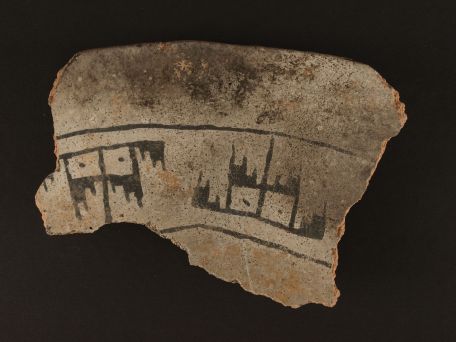 Washington Black-on-gray bowl sherd found in one of the storage cists at the Watchman Site. This ceramic design style dates approximately A.D. 700 to 900.
Zion Museum Collection ZION 14000