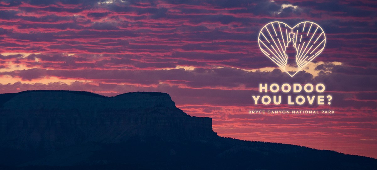 A sunrise sky glows pink and purple above a cliff. A logo of a heart and rock spire reads Hoodoo You Love? Bryce Canyon National Park.