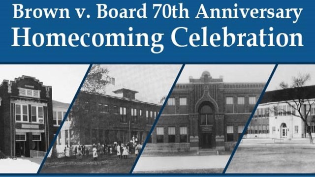 A blue flyer with white lettering that depicts four black and white elementary schools.