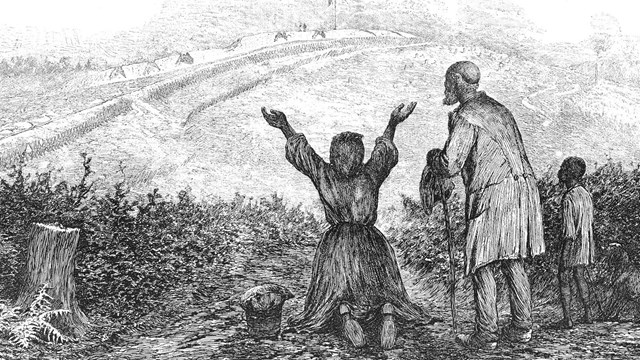 Black and white sketch of slaves rejoicing at reaching freedom