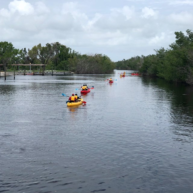 Line of kayaks on a river