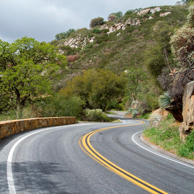 A two-lane road on a forested hillside with a rock wall guard rail winds into the distance 