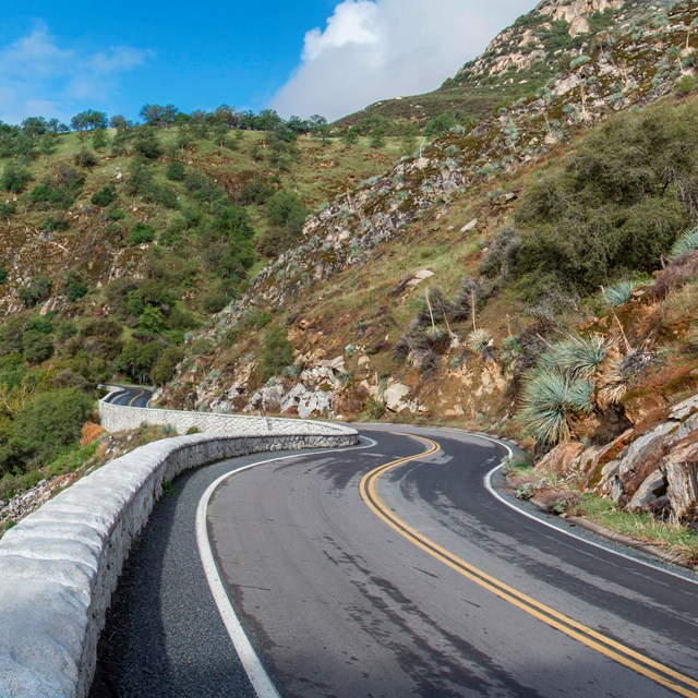 A stretch of road that curves around a bend. The road is surrounded by vegetation and a river.