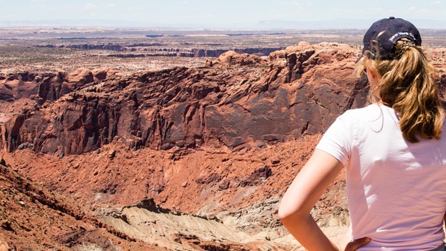 A visitor looks over a landscape of rock formations at Canyonlands National Park