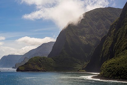 Tall green pali sea cliffs rise out of the ocean.