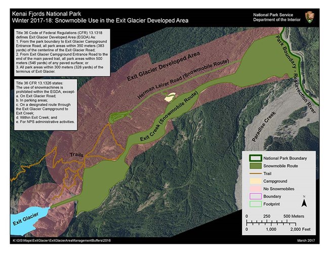 Map of Exit Glacier, showing snowmobile restricted areas as described in the accompanying text.