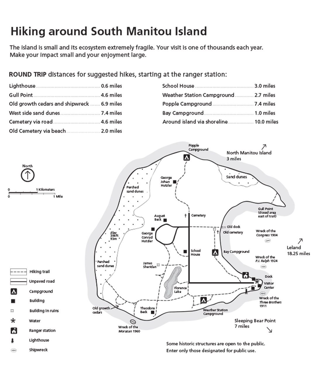 Black and white map of South Manitou Island showing roads, campgrounds, water access, and land features.