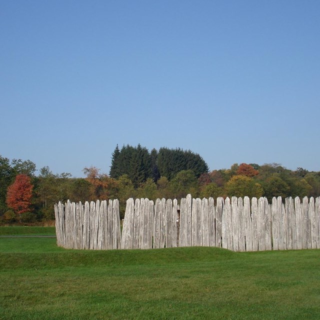 Wooden stockade fence on a fall day