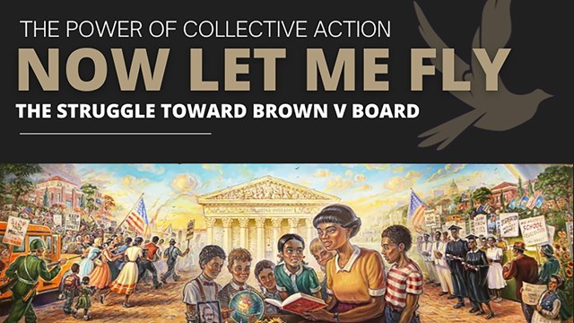 mural of a black teacher reading to students with the words now let me fly above her