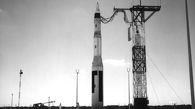 A minuteman missile stands on a launch pad