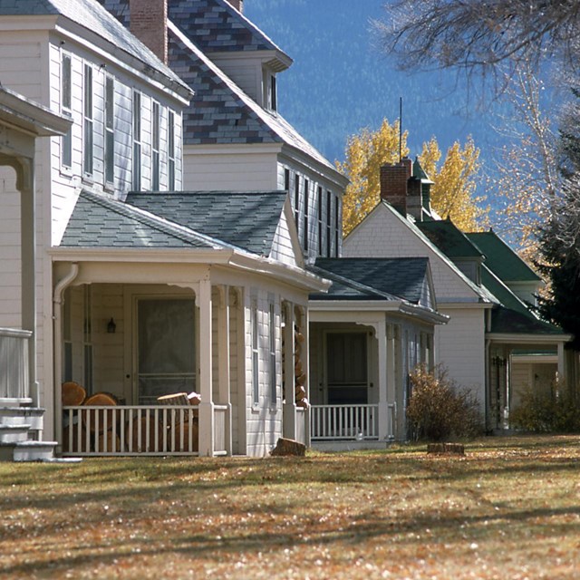 white houses in a row on left