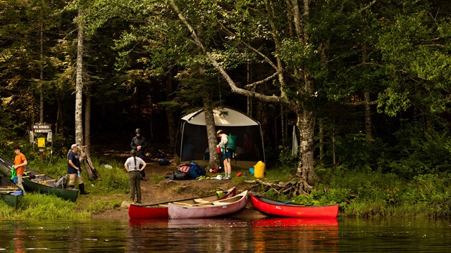 A triangular shaped tent illuminated by a camp light in a dark forest at night.