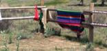 Blankets, hides, and other offerings hang at massacre overlook