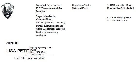 Compendium header with black and white NPS arrowhead and the Superintendent's electronic signature; header text is repeated below.