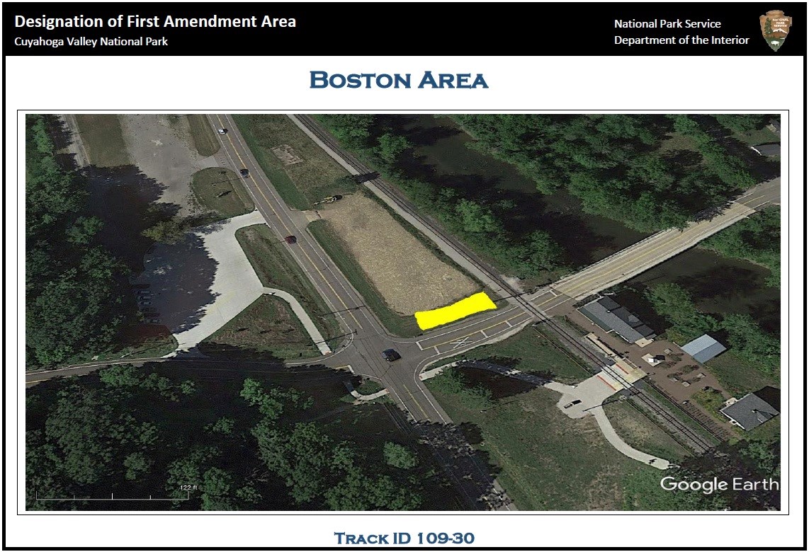 Aerial view of the Boston area; in the center is the intersection of Boston Mills and Riverview Roads; north of Boston Mills Road and just east of the intersection is a yellow rectangle indicating the location of the first amendment area.