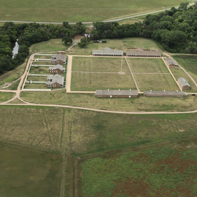 aerial view of green landscape and fort