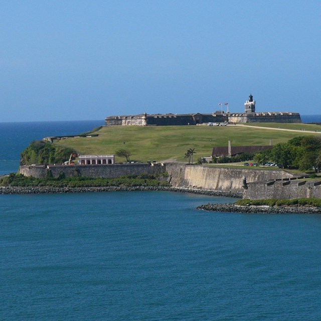 colonial era Spanish fort on hilltop above the ocean