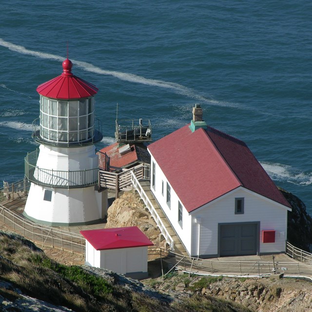 The Point Reyes Lighthouse and associated buildings at the base of 313 stairs.