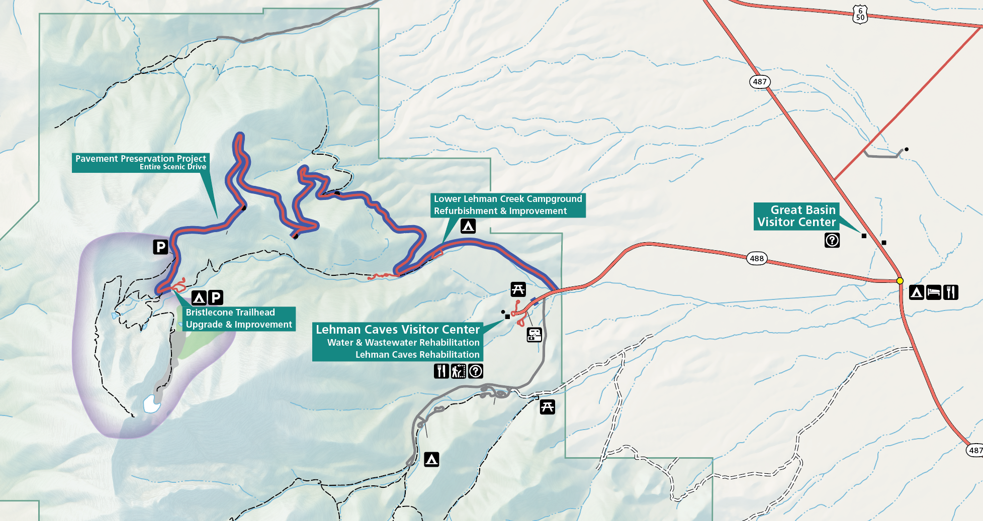 A color image of a map of the national park. There are green boxes with labels for the various projects pointing to affected areas.