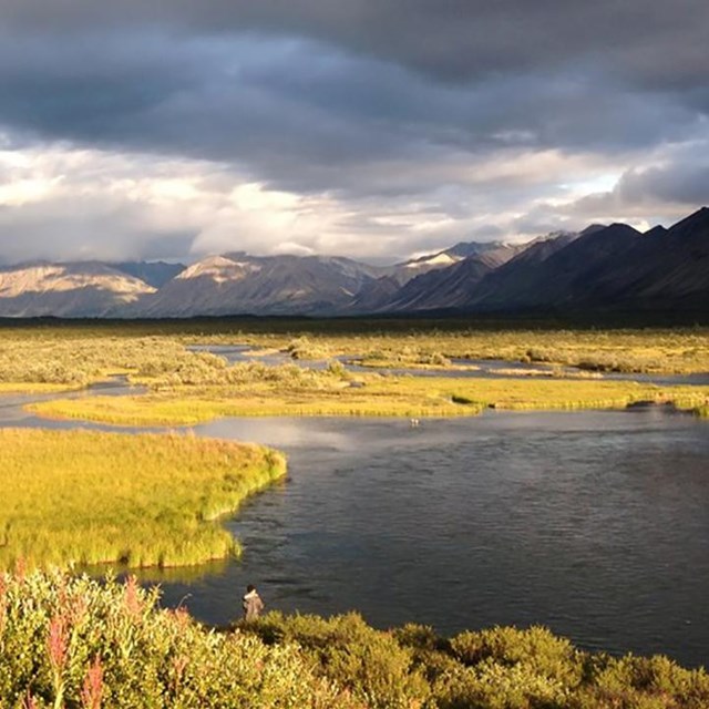 An image of a landscape with grasslands and water. Mountains in background, cloudy day.