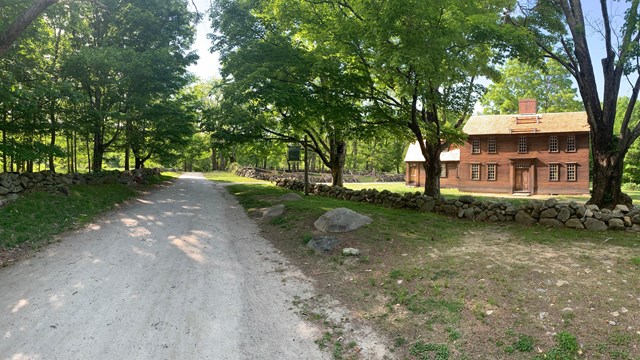 A dirt road flanked by low stone walls cutting through the forest. A wooden house is also visible.