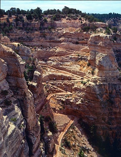 "Hikers and mules travel climbing the Chimney, a series of tight switchbacks built into a sheer cliff, the top of the South Kaibab trail