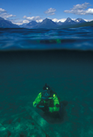 Split shot of diver with mountains in the background