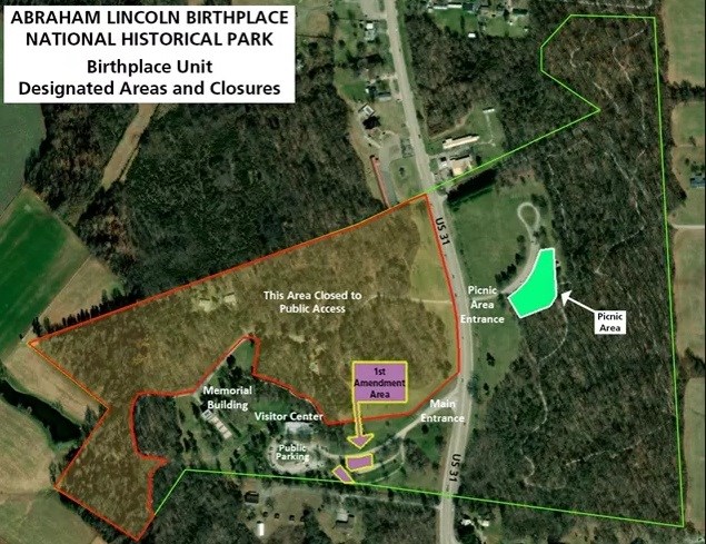 Special Use Areas for 36 CFR §2.11 (Picnicking) and 36 CFR §2.51(c)(2) (Demonstrations), and Areas Designated as Off Limits to the Public. Map of the park detailing these areas.