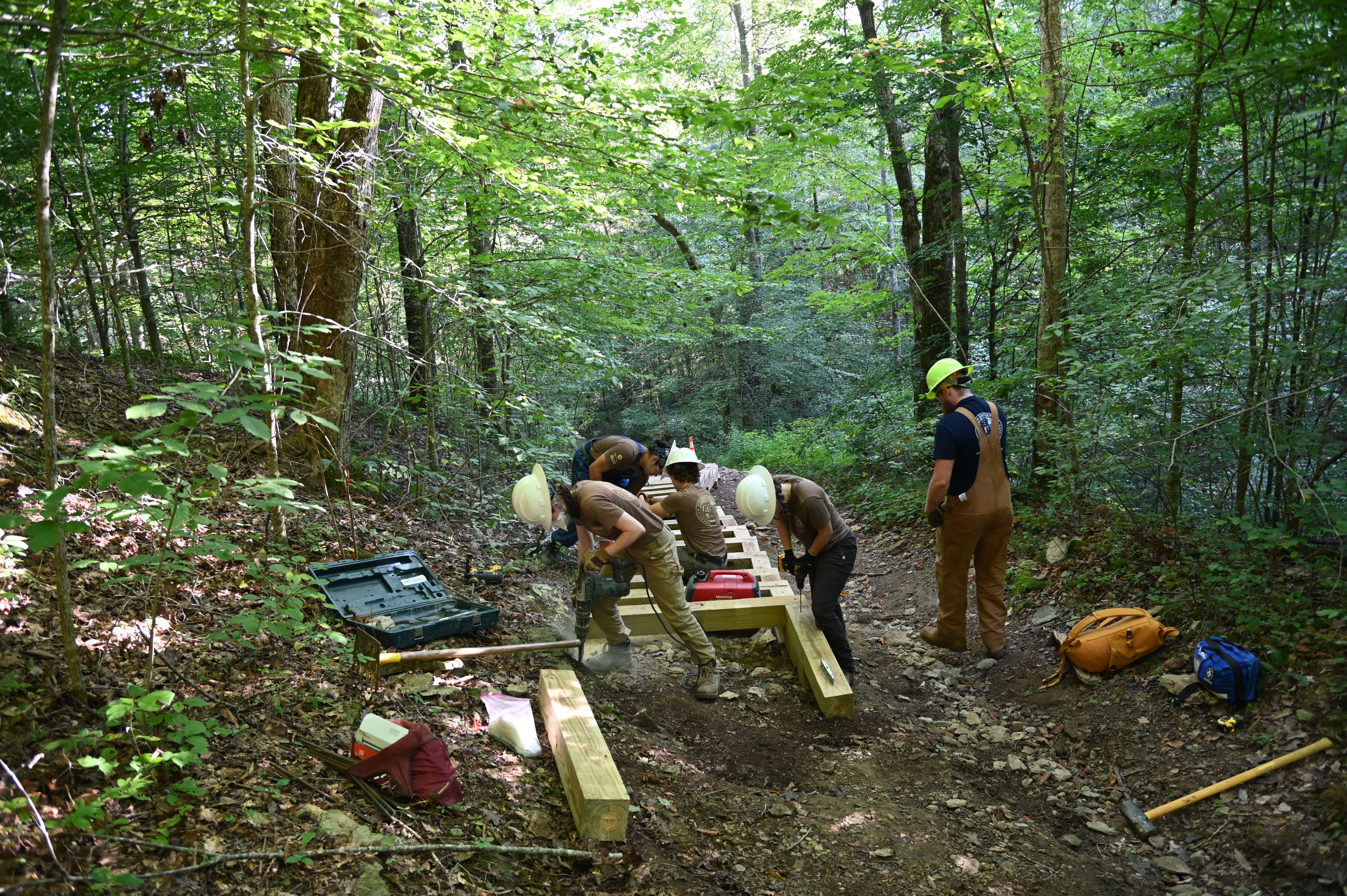 A color photo showing a youth crew working on a park trail