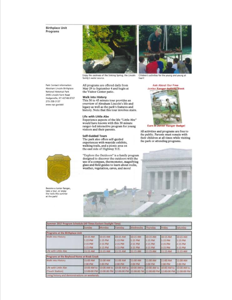 The Abraham Lincoln Birthplace NHP has announced its summer program schedule for 2017
