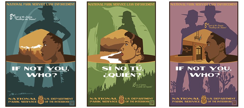 Series of posters for law enforcement recruitment showing profiles of of people in park scenes and ranger hats