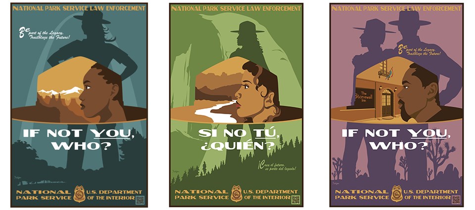 Series of posters for law enforcement recruitment showing profiles of of people in park scenes and ranger hats