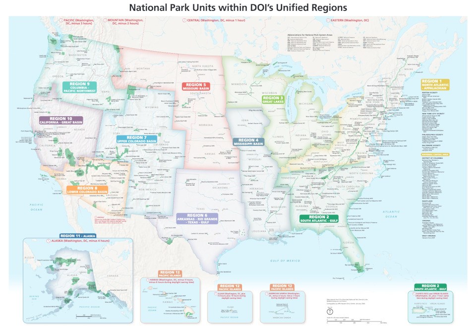 Map of the United States showing National Park Service regions and national parks