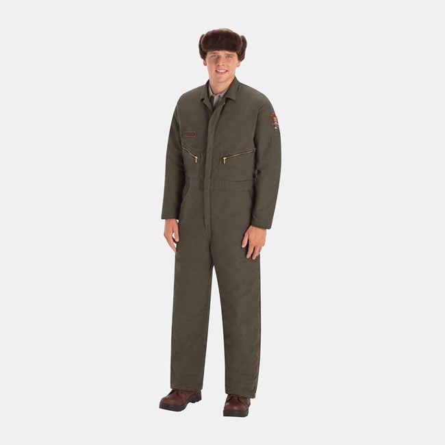 Winter Work Uniform An NPS employee wearing a fur hat, green coveralls, and brown shoes