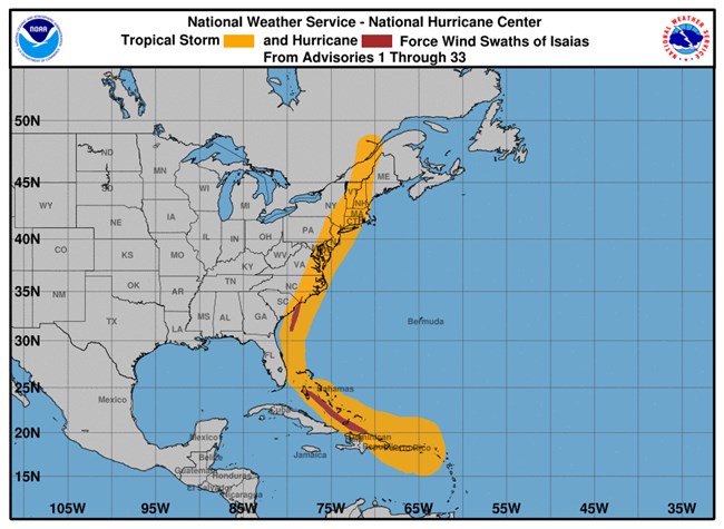 map of eastern United States indicating strong winds over most of the East Coast